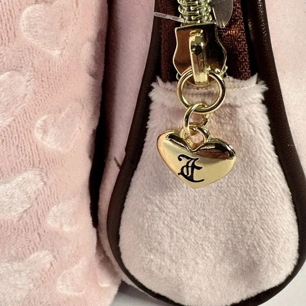 Juicy Couture Velour Cosmetic Bag Set Pink Embossed Hearts Gold Crest